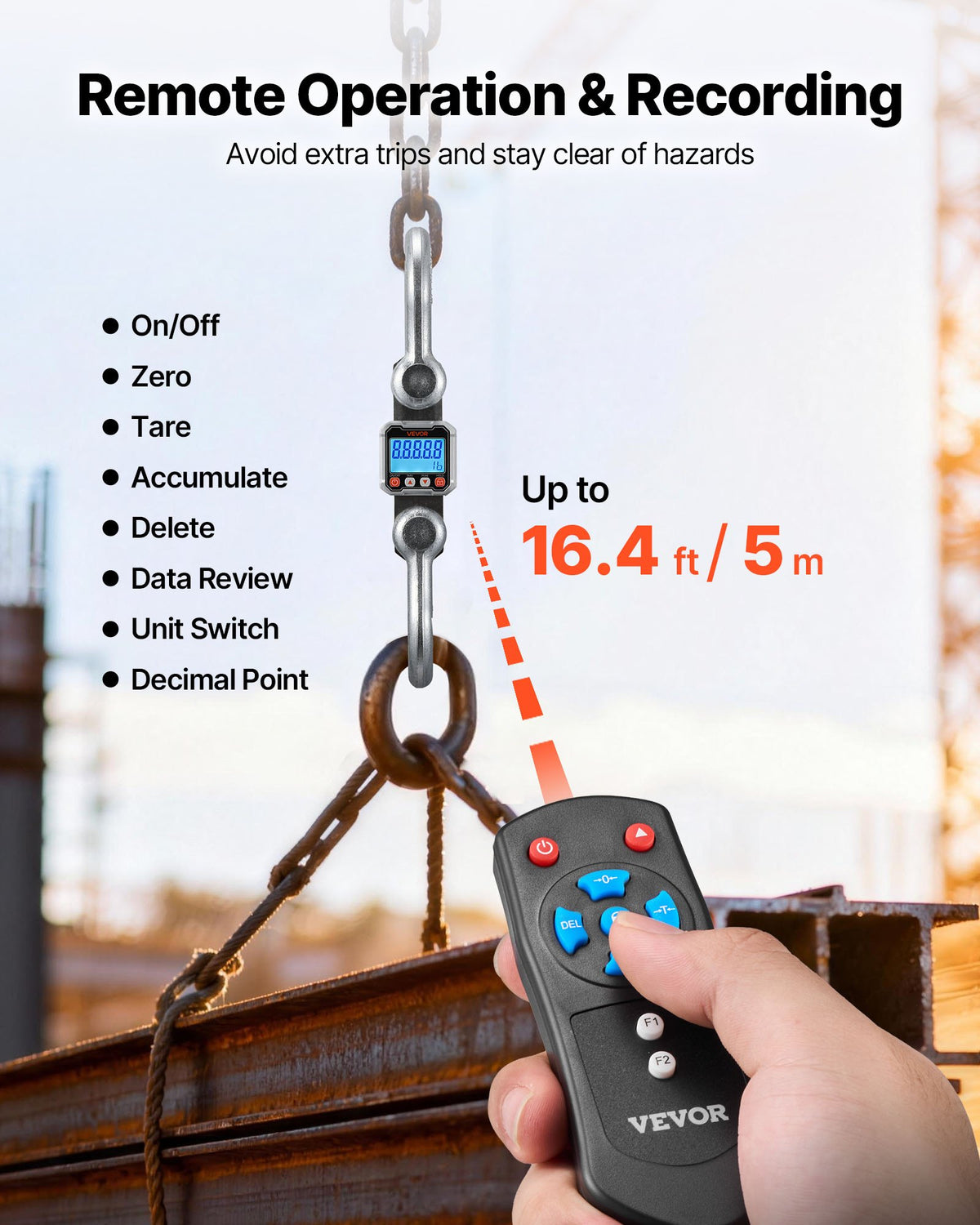 VEVOR Digital Crane Scale, 22000 lbs/10 T Max Capacity, Heavy Duty Industrial Hanging Scale with Cast Aluminum Case & LCD Display, 2 kg Division & 3 Unit Switch, Remote Control for Garage Factory