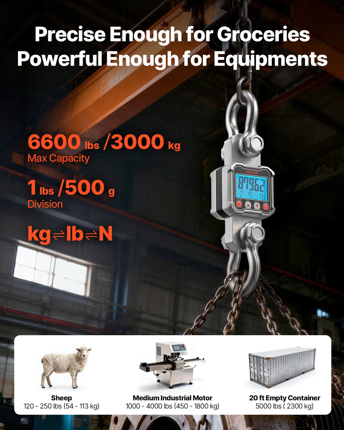 VEVOR Digital Crane Scale, 6600 lbs/3000 kg Max Capacity, Heavy Duty Industrial Hanging Scale with Cast Aluminum Case & LCD Display, 500 g Division & 3 Unit Switch, Remote Control for Garage Factory