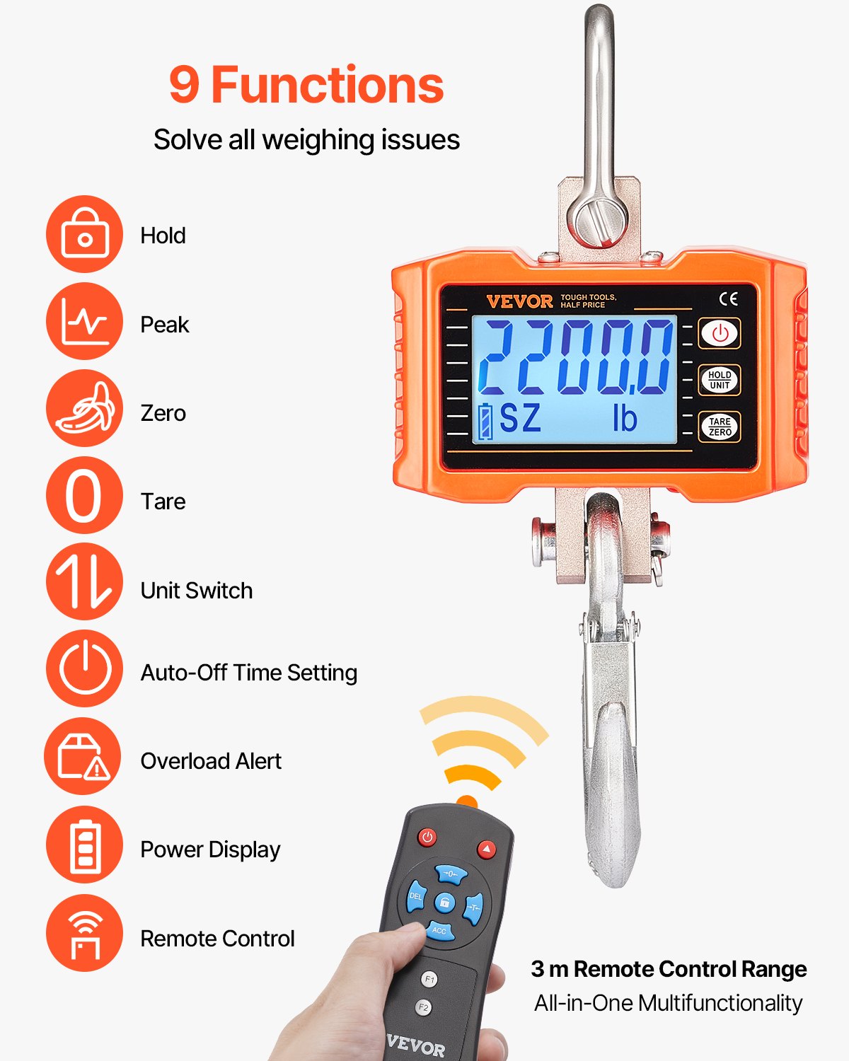 VEVOR Digital Crane Scale, 2200 lbs/1000 kg, Industrial Heavy Duty Hanging Scale with Remote Control, Cast Aluminum Case & LCD Screen, High Precision for Construction, Factory, Farm, Hunting (Orange)