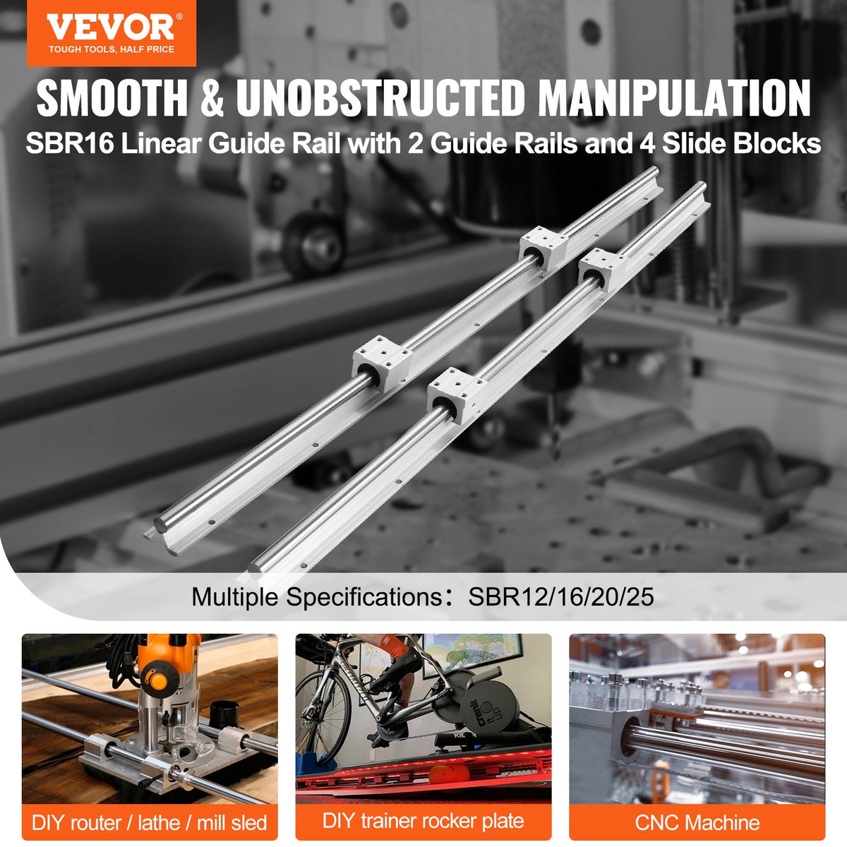 VEVOR Linear Guide Rail Set, 2 PCS 39.4 in/1000 mm SBR16 Guide Rails and 4 PCS SBR16UU Slide Blocks, SBR16 1000mm, Linear Rails and Bearings Kit for Automated Machines DIY Project CNC Router Machines