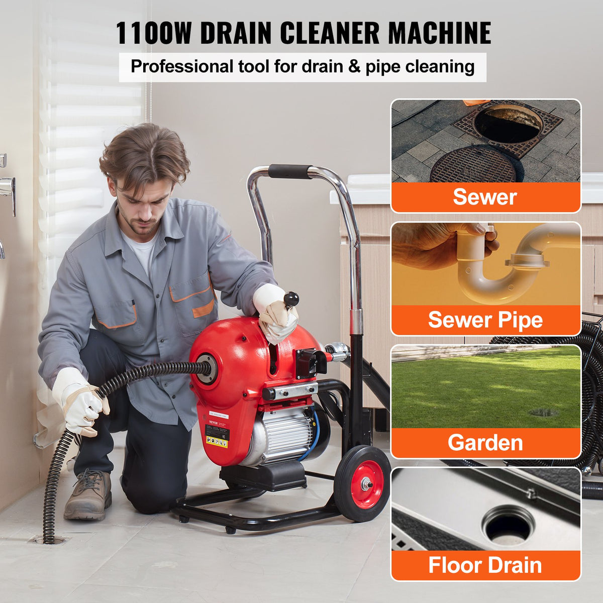 VEVOR Drain Cleaner Machine 3657.6 cm x 1.52 cm 1100W Sectional Snake Auger Manual Feed