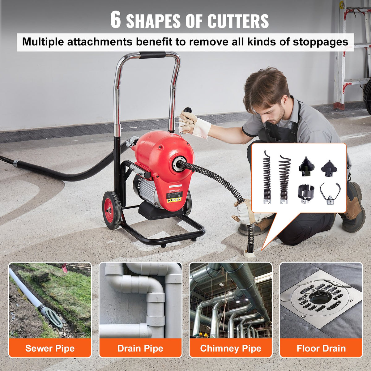 VEVOR Drain Cleaner Machine 3657.6 cm x 1.52 cm 1100W Sectional Snake Auger Manual Feed