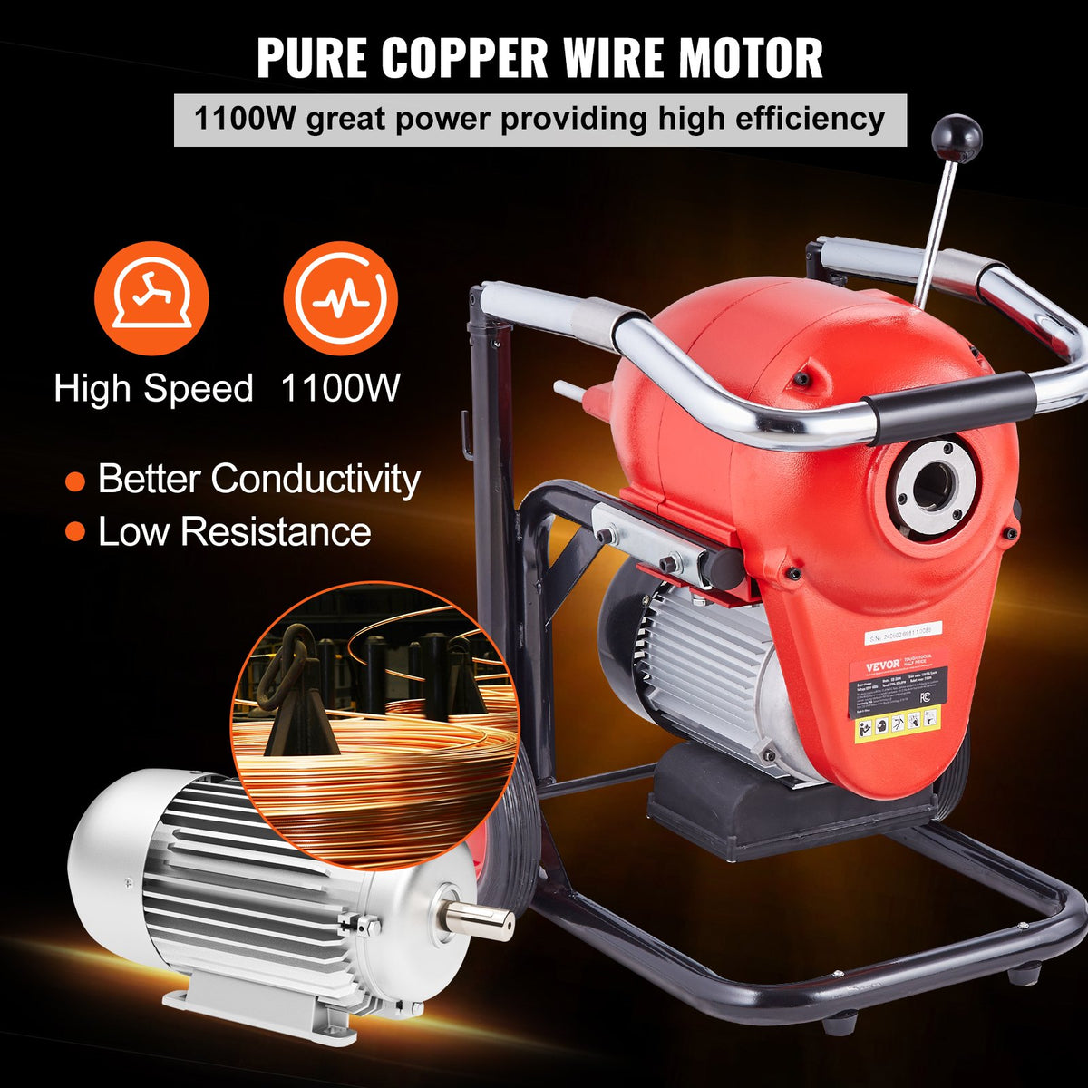 VEVOR Drain Cleaner Machine 3657.6 cm x 1.52 cm 1100W Sectional Snake Auger Manual Feed