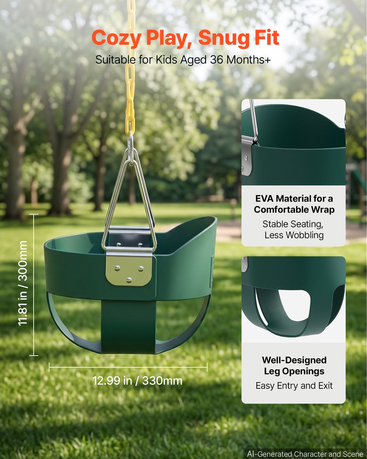VEVOR Toddler Swing 136 kg High Back Full Bucket Baby Swing Seat Green, for Outdoor & Indoor Backyard Playground, Heavy-Duty Coated Chains and Carabiners, Fully Assembled Seat for Toddlers Age 3+