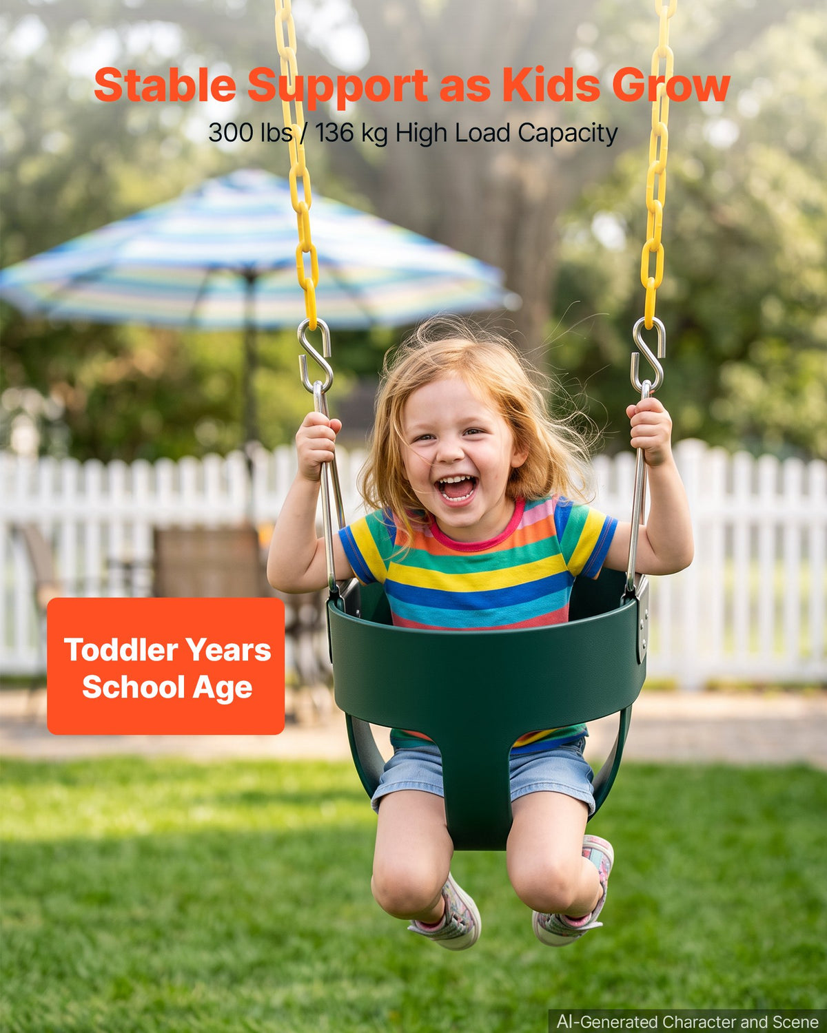 VEVOR Toddler Swing 136 kg High Back Full Bucket Baby Swing Seat Green, for Outdoor & Indoor Backyard Playground, Heavy-Duty Coated Chains and Carabiners, Fully Assembled Seat for Toddlers Age 3+