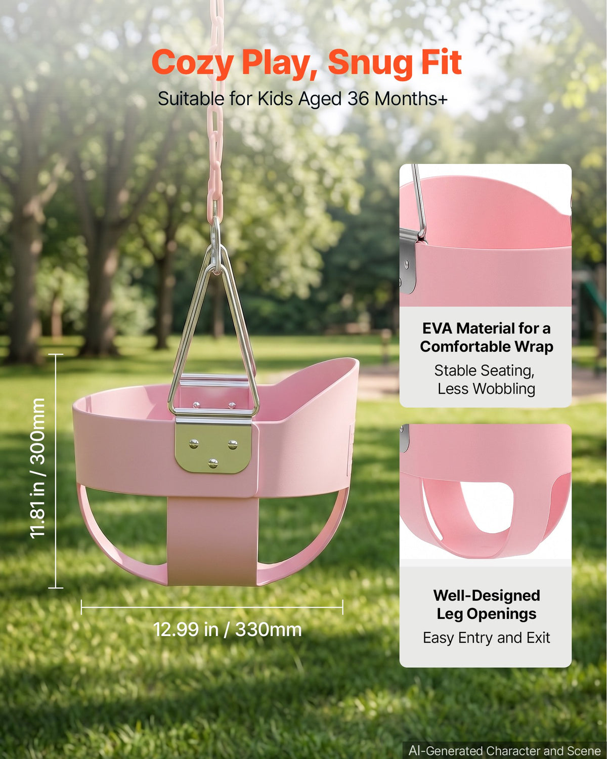 VEVOR Toddler Swing 136 kg Load High Back Full Bucket Baby Swing Seat Pink, for Outdoor & Indoor Backyard Playground, Heavy-Duty Coated Chains and Carabiners, Fully Assembled Seat for Toddlers Age 3+