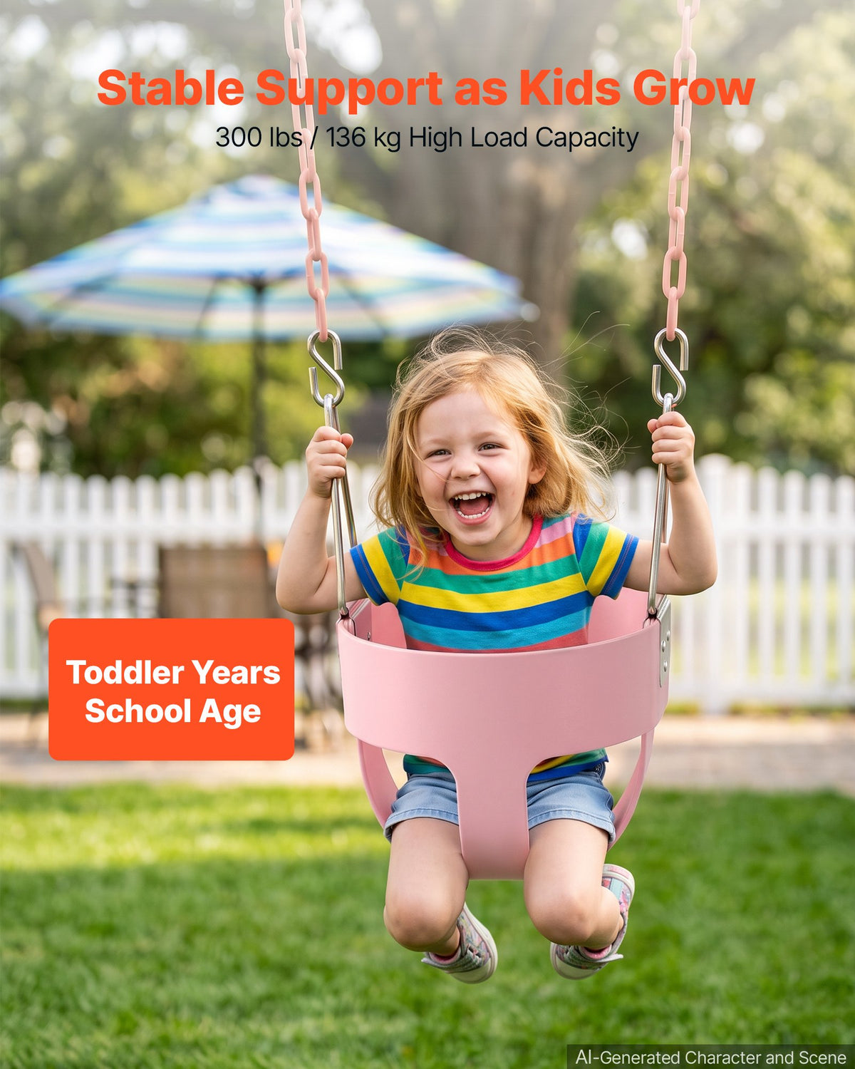 VEVOR Toddler Swing 136 kg Load High Back Full Bucket Baby Swing Seat Pink, for Outdoor & Indoor Backyard Playground, Heavy-Duty Coated Chains and Carabiners, Fully Assembled Seat for Toddlers Age 3+