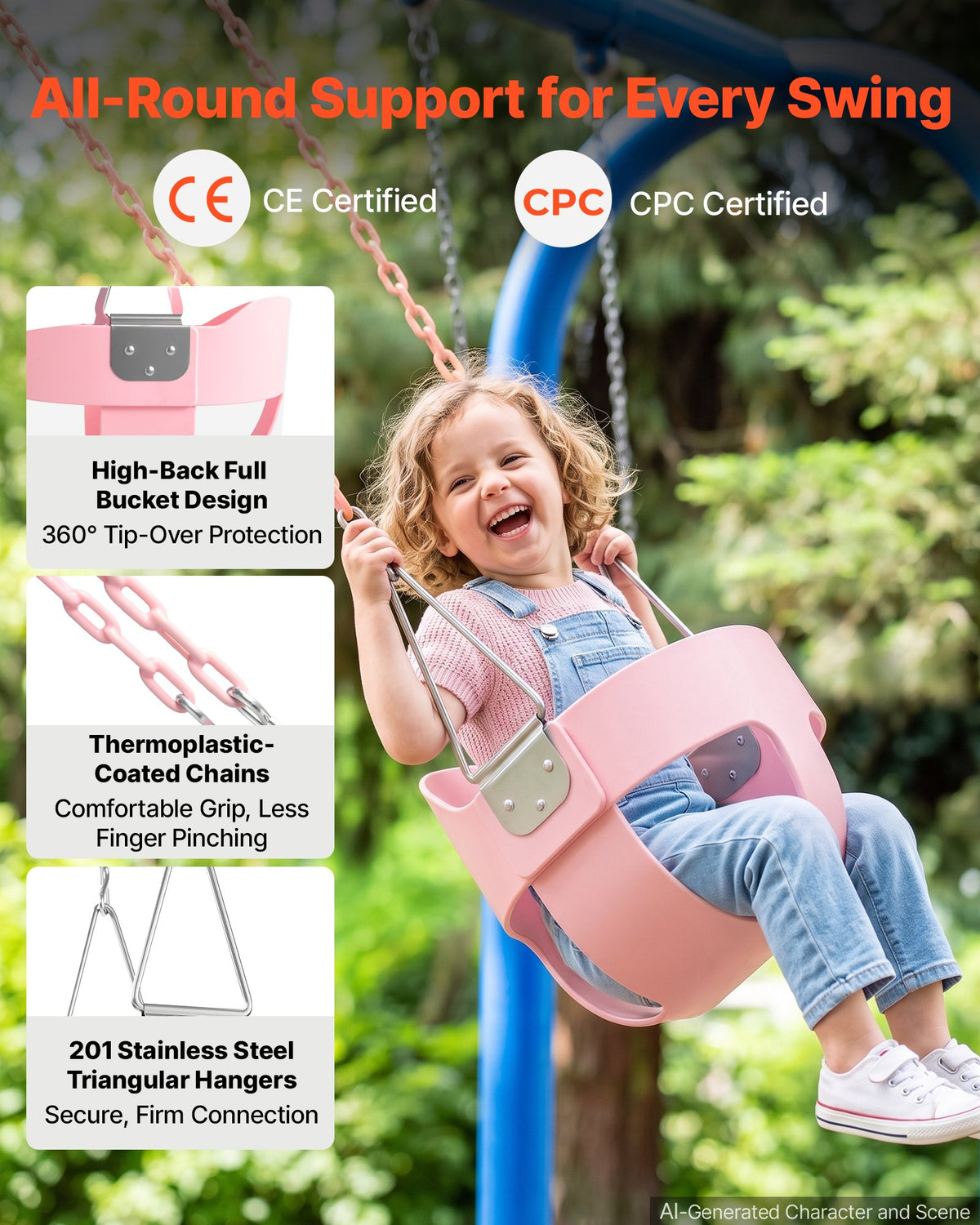 VEVOR Toddler Swing 136 kg Load High Back Full Bucket Baby Swing Seat Pink, for Outdoor & Indoor Backyard Playground, Heavy-Duty Coated Chains and Carabiners, Fully Assembled Seat for Toddlers Age 3+