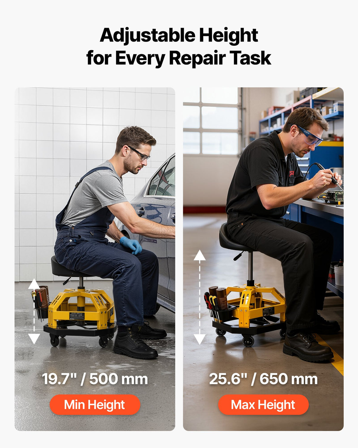 VEVOR Rolling Shop Stool with Wheels, 500-650 mm Adjustable Height, 360° Swivel, 150 kg Capacity, Garage Work Mechanic Stool with Backrest, Tool Tray Storage, Padded Seat Shop Chair, Black/Yellow