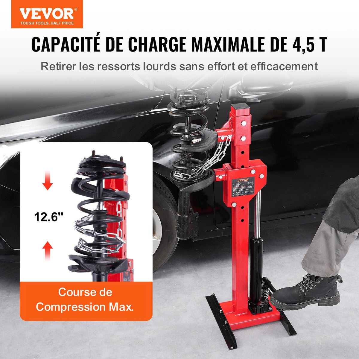 VEVOR Strut Spring Compressor, 4.5 Ton/4499.6 kg Hydraulic Jack Capacity, 1 Ton Rated Compression Force, Auto Strut Coil Spring Compressor Tool, Hydraulic Spring Compressor for Strut Spring Removing