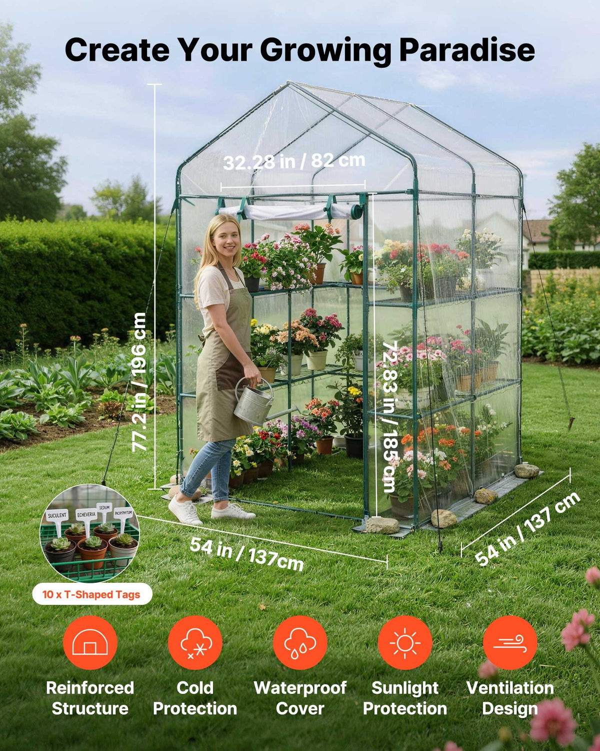 VEVOR Walk-in Greenhouse, 137 x 137 x 196 cm Greenhouse for Outdoors with PVC Cover, 2 Tiers 10 Shelves, Roll-Up Zipper Door, Walk in Green House, Portable Plant Garden Hot House for Backyard Outside