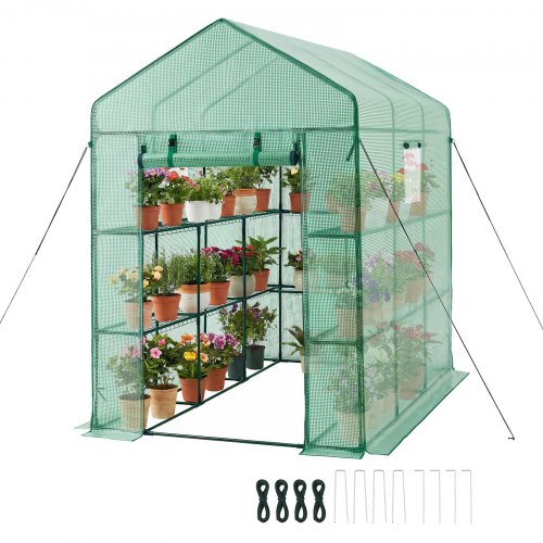 VEVOR Walk-in Greenhouse, 137 x 206 x 196 cm Greenhouse for Outdoors with Windows, PE Cover, 2 Tiers 14 Shelves, Roll-Up Zipper Door, Walk in Green House, Portable Plant Garden Hot House for Backyard