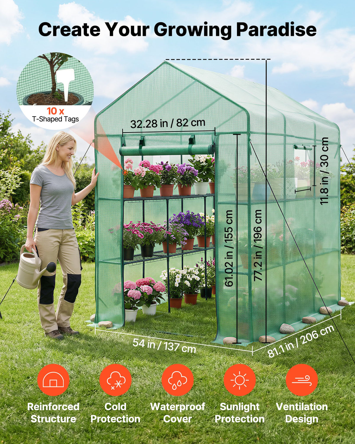 VEVOR Walk-in Greenhouse, 137 x 206 x 196 cm Greenhouse for Outdoors with Windows, PE Cover, 2 Tiers 14 Shelves, Roll-Up Zipper Door, Walk in Green House, Portable Plant Garden Hot House for Backyard