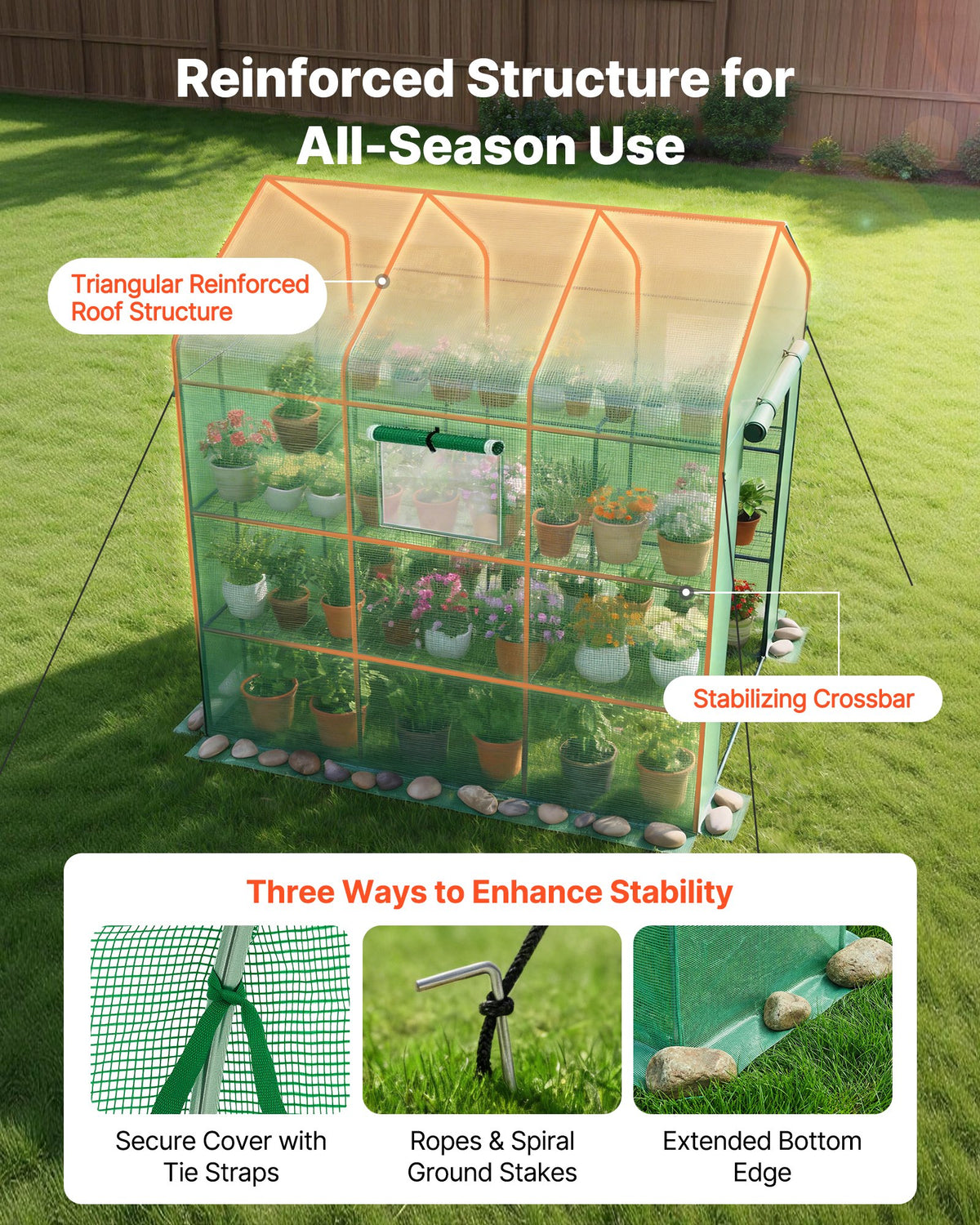 VEVOR Walk-in Greenhouse, 137 x 206 x 196 cm Greenhouse for Outdoors with Windows, PE Cover, 2 Tiers 14 Shelves, Roll-Up Zipper Door, Walk in Green House, Portable Plant Garden Hot House for Backyard