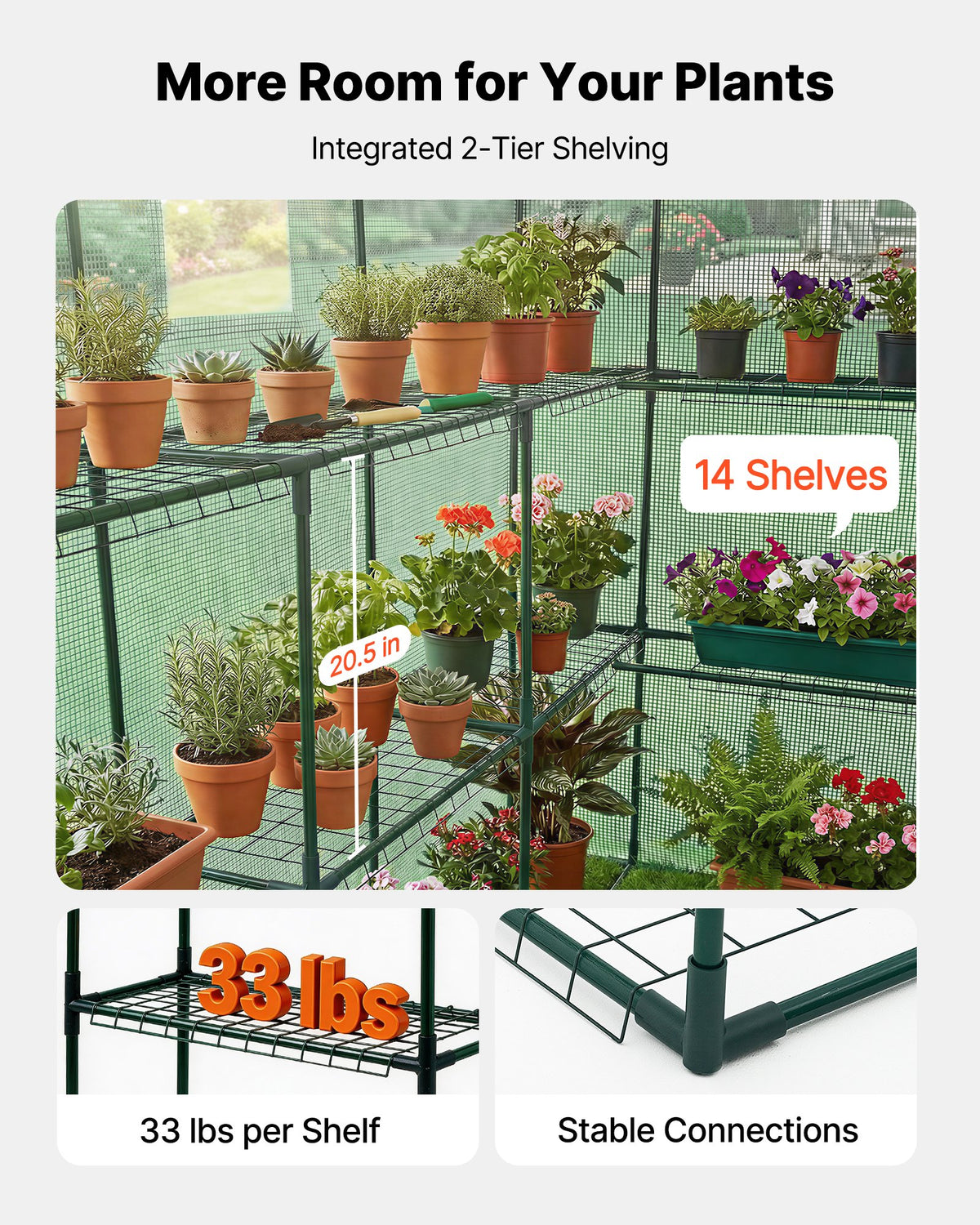 VEVOR Walk-in Greenhouse, 137 x 206 x 196 cm Greenhouse for Outdoors with Windows, PE Cover, 2 Tiers 14 Shelves, Roll-Up Zipper Door, Walk in Green House, Portable Plant Garden Hot House for Backyard