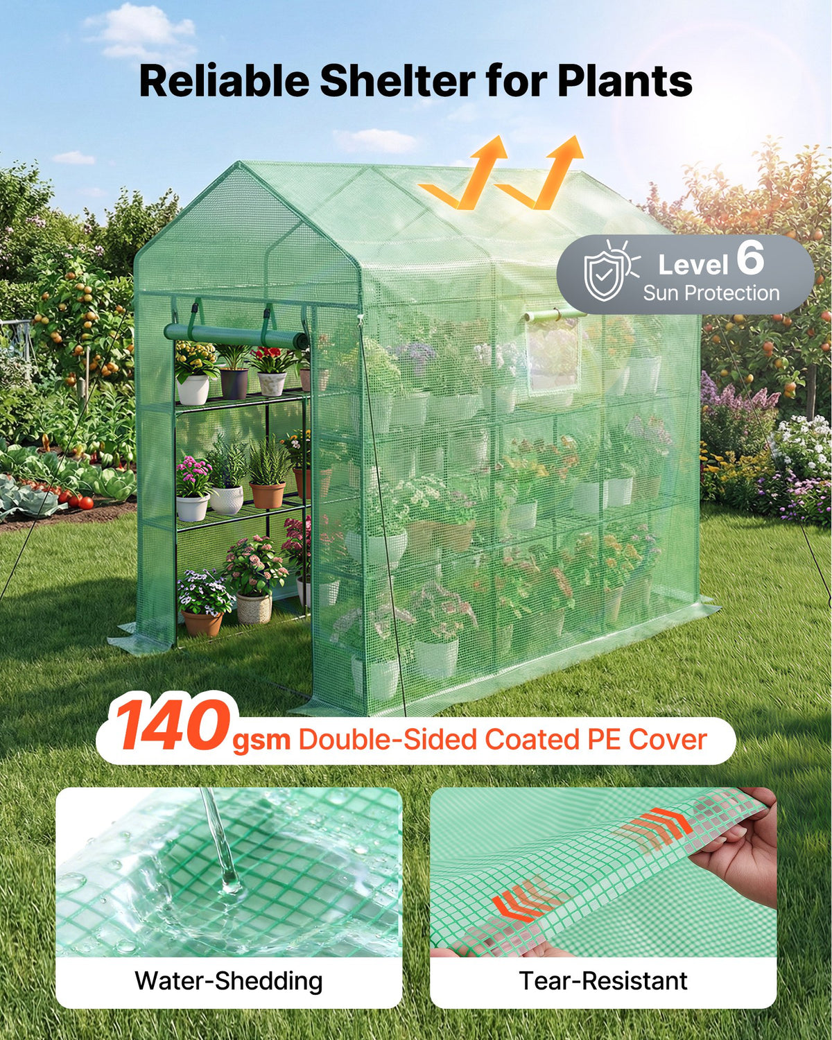 VEVOR Walk-in Greenhouse, 137 x 206 x 196 cm Greenhouse for Outdoors with Windows, PE Cover, 2 Tiers 14 Shelves, Roll-Up Zipper Door, Walk in Green House, Portable Plant Garden Hot House for Backyard
