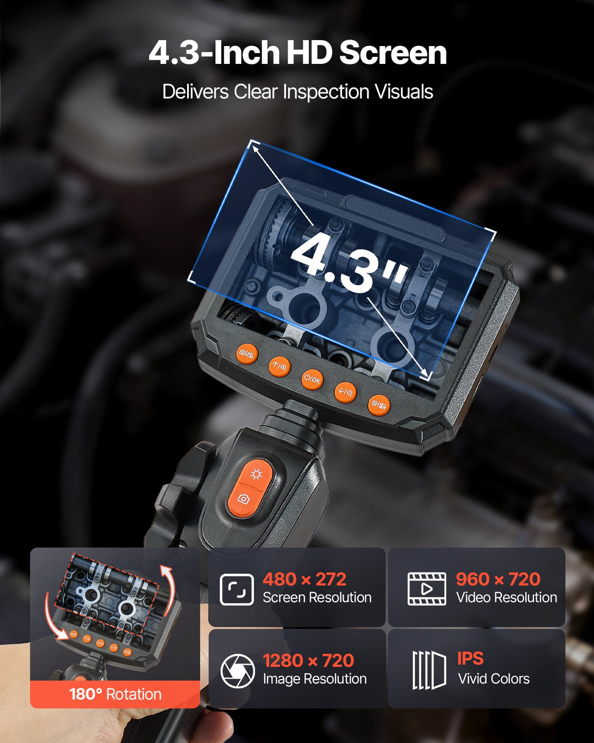 VEVOR Articulating Borescope Camera with Light, Two-Way Articulated Endoscope, 6.2mm Slim Lens, 4.3" IPS Screen, 8X Zoom, IP67 Waterproof Inspection Camera for Auto, Mechanical Equipment (1.5m Cable)