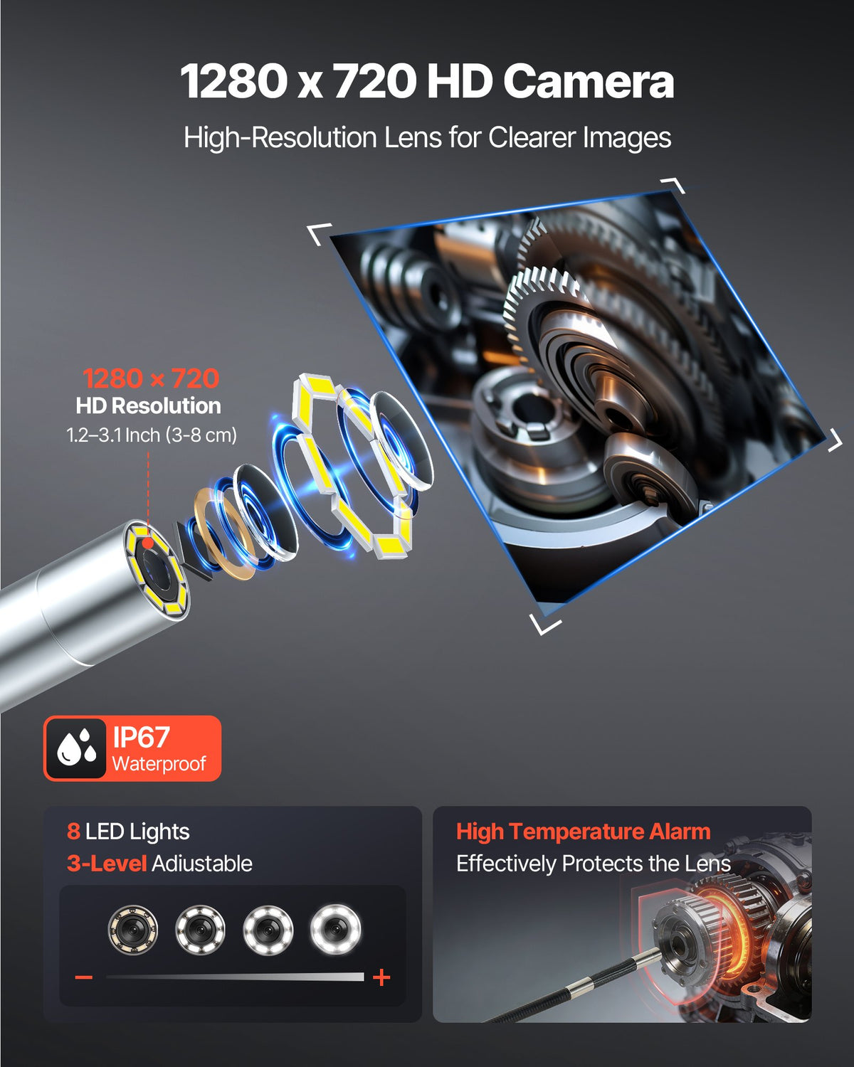 VEVOR Articulating Borescope Camera with Light, Two-Way Articulated Endoscope, 6.2mm Slim Lens, 4.3" IPS Screen, 8X Zoom, IP67 Waterproof Inspection Camera for Auto, Mechanical Equipment (1.5m Cable)