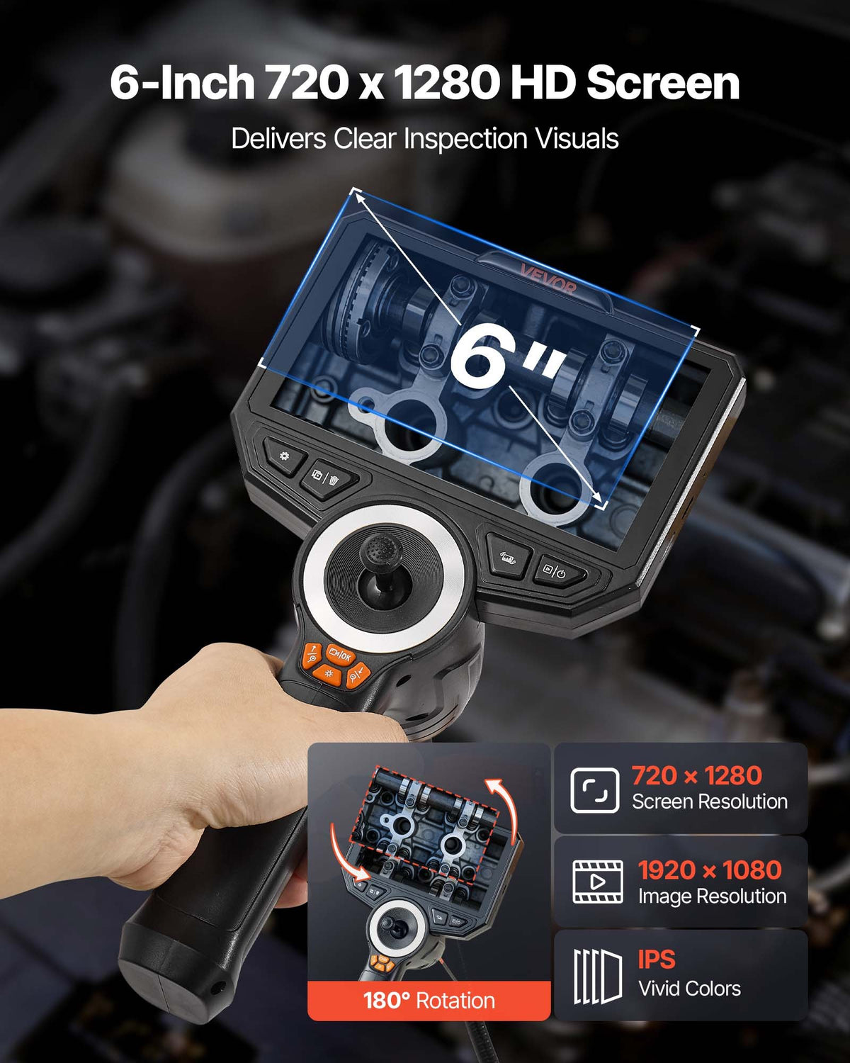 VEVOR Articulating Endoscope with Light, 4-Way 360° Articulated Borescope Camera, 6" HD IPS Screen, 1920 x 1080 Lens, 8X Zoom, 7000mAh Battery, IP67 Waterproof for Auto, Plumbing (1.5m Snake Cable)