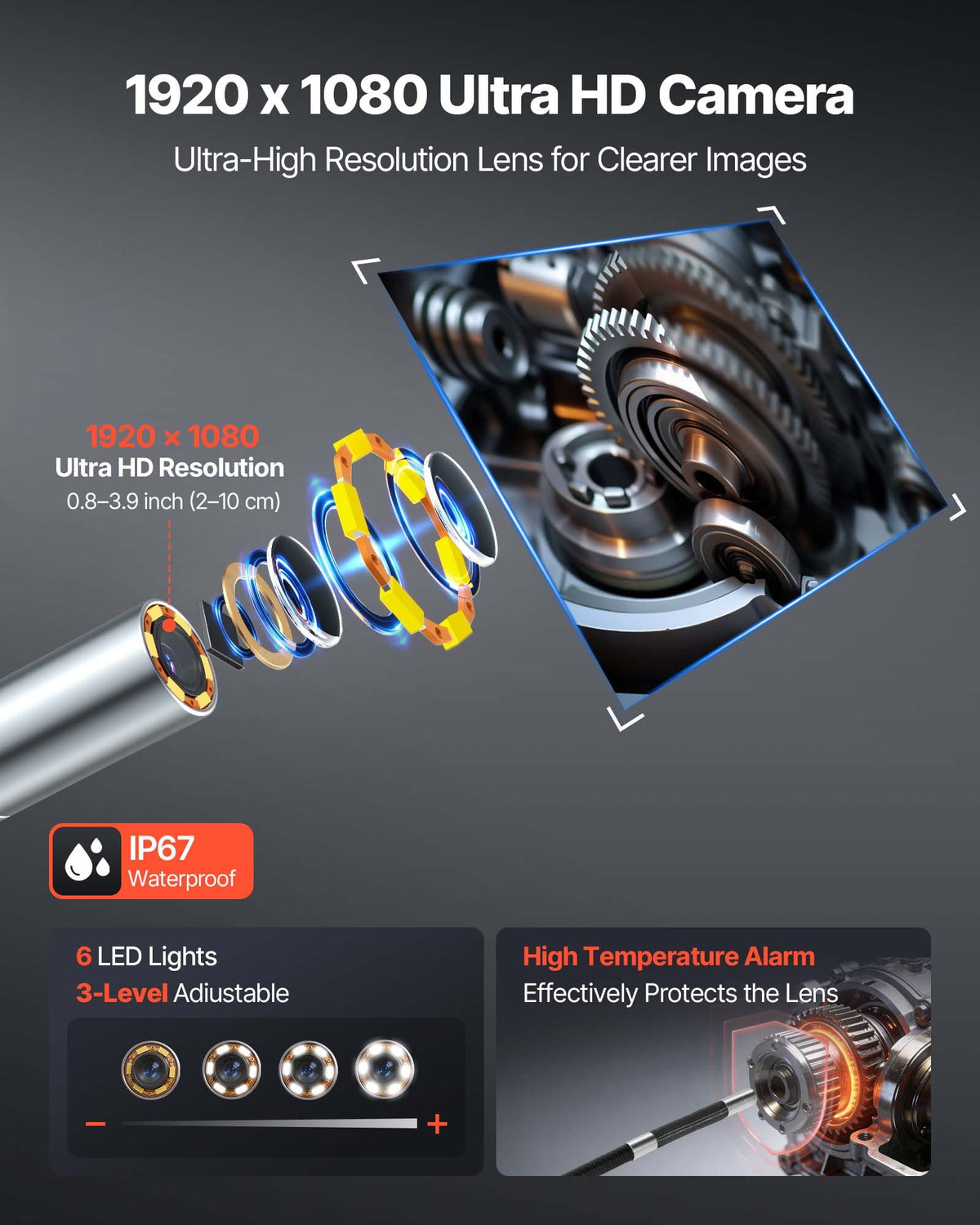 VEVOR Articulating Endoscope with Light, 4-Way 360° Articulated Borescope Camera, 6" HD IPS Screen, 1920 x 1080 Lens, 8X Zoom, 7000mAh Battery, IP67 Waterproof for Auto, Plumbing (1.5m Snake Cable)
