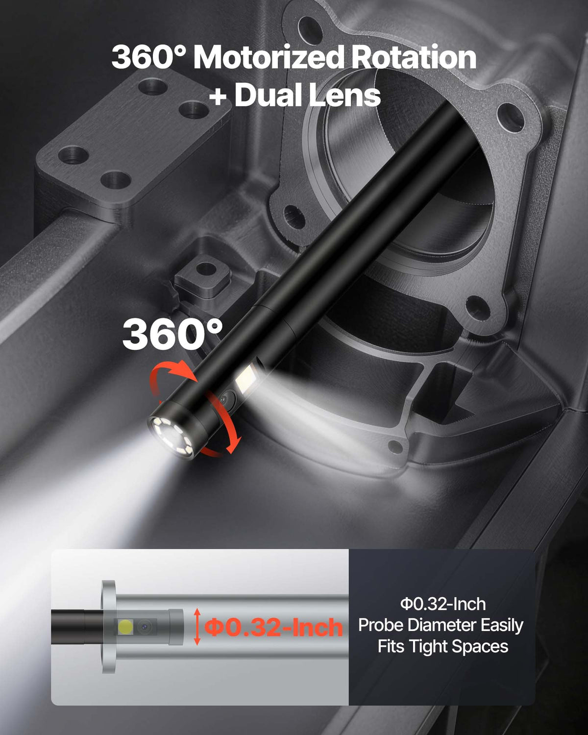 VEVOR 360° Motorized Rotation Endoscope, Dual Lens Industrial Borescope Camera with Light, 5" HD IPS Split-Screen, 8mm Slim Lens, IP67 Waterproof Inspection Camera for Auto, Plumbing (5m Snake Cable)
