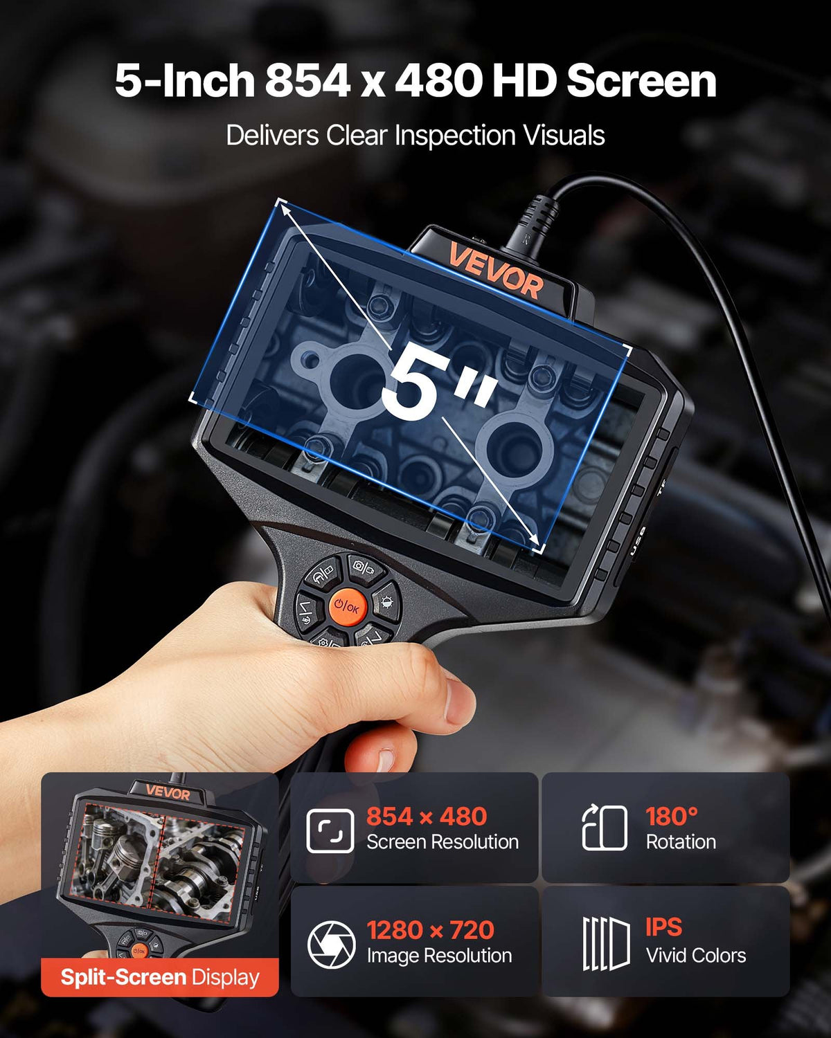 VEVOR 360° Motorized Rotation Endoscope, Dual Lens Industrial Borescope Camera with Light, 5" HD IPS Split-Screen, 8mm Slim Lens, IP67 Waterproof Inspection Camera for Auto, Plumbing (5m Snake Cable)