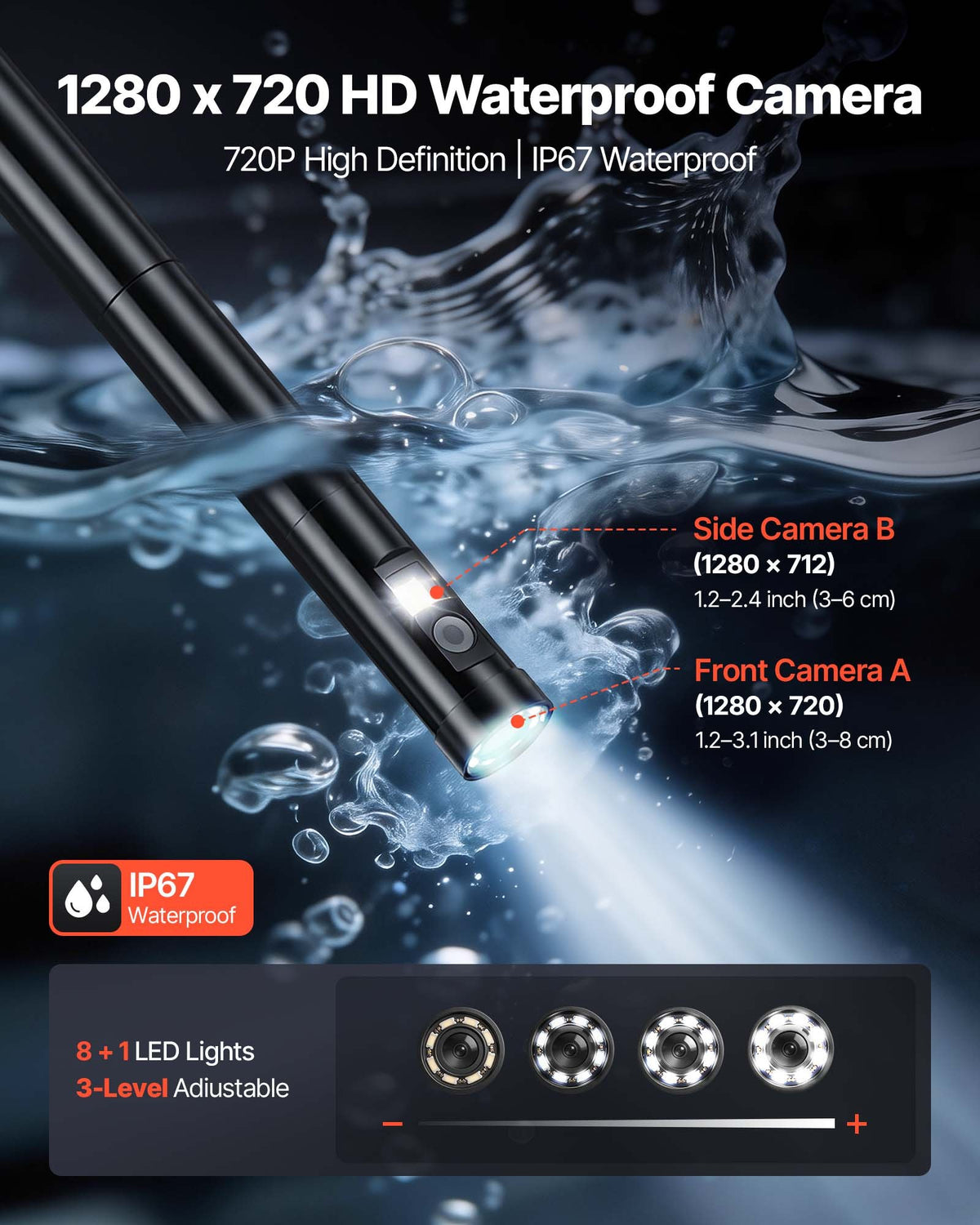 VEVOR 360° Motorized Rotation Endoscope, Dual Lens Industrial Borescope Camera with Light, 5" HD IPS Split-Screen, 8mm Slim Lens, IP67 Waterproof Inspection Camera for Auto, Plumbing (5m Snake Cable)