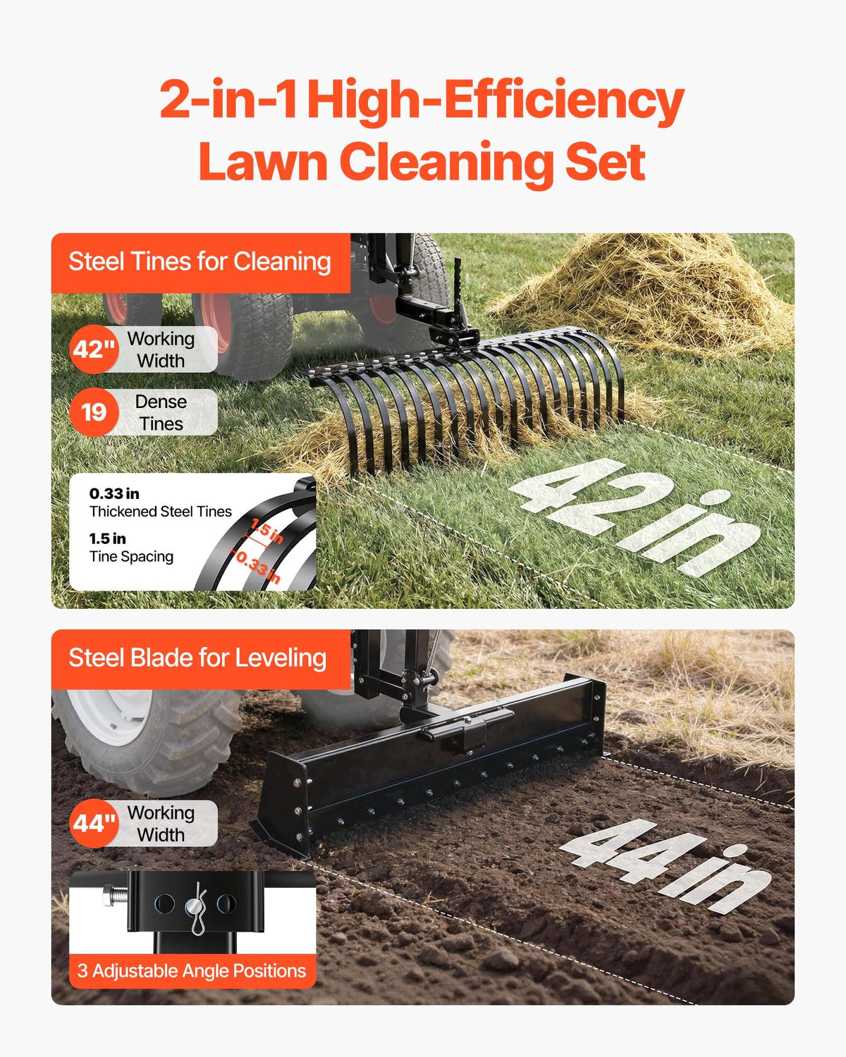 VEVOR 106.7cm Tow Behind Landscape Rake, 3-Point Lawn Rock Rake with Blade & Lift Lever, Fit Category 1 ATVs UTVs Lawn Tractors, Heavy Duty Dethatcher Rake for Debris Leaves Thatch