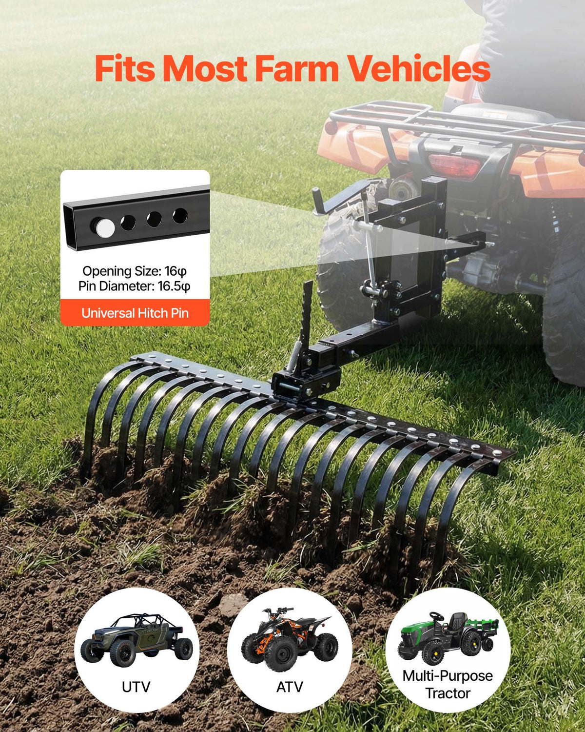 VEVOR 106.7cm Tow Behind Landscape Rake, 3-Point Lawn Rock Rake with Blade & Lift Lever, Fit Category 1 ATVs UTVs Lawn Tractors, Heavy Duty Dethatcher Rake for Debris Leaves Thatch