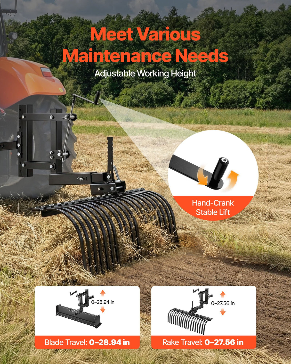 VEVOR 106.7cm Tow Behind Landscape Rake, 3-Point Lawn Rock Rake with Blade & Lift Lever, Fit Category 1 ATVs UTVs Lawn Tractors, Heavy Duty Dethatcher Rake for Debris Leaves Thatch