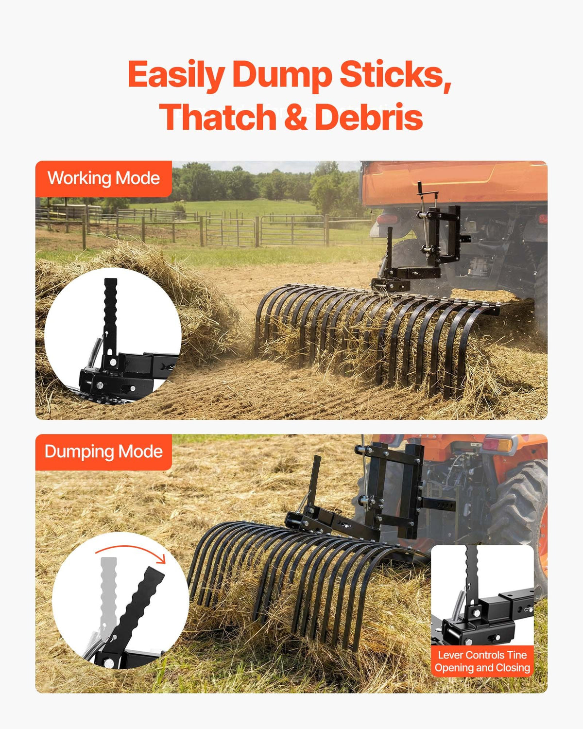VEVOR 106.7cm Tow Behind Landscape Rake, 3-Point Lawn Rock Rake with Blade & Lift Lever, Fit Category 1 ATVs UTVs Lawn Tractors, Heavy Duty Dethatcher Rake for Debris Leaves Thatch