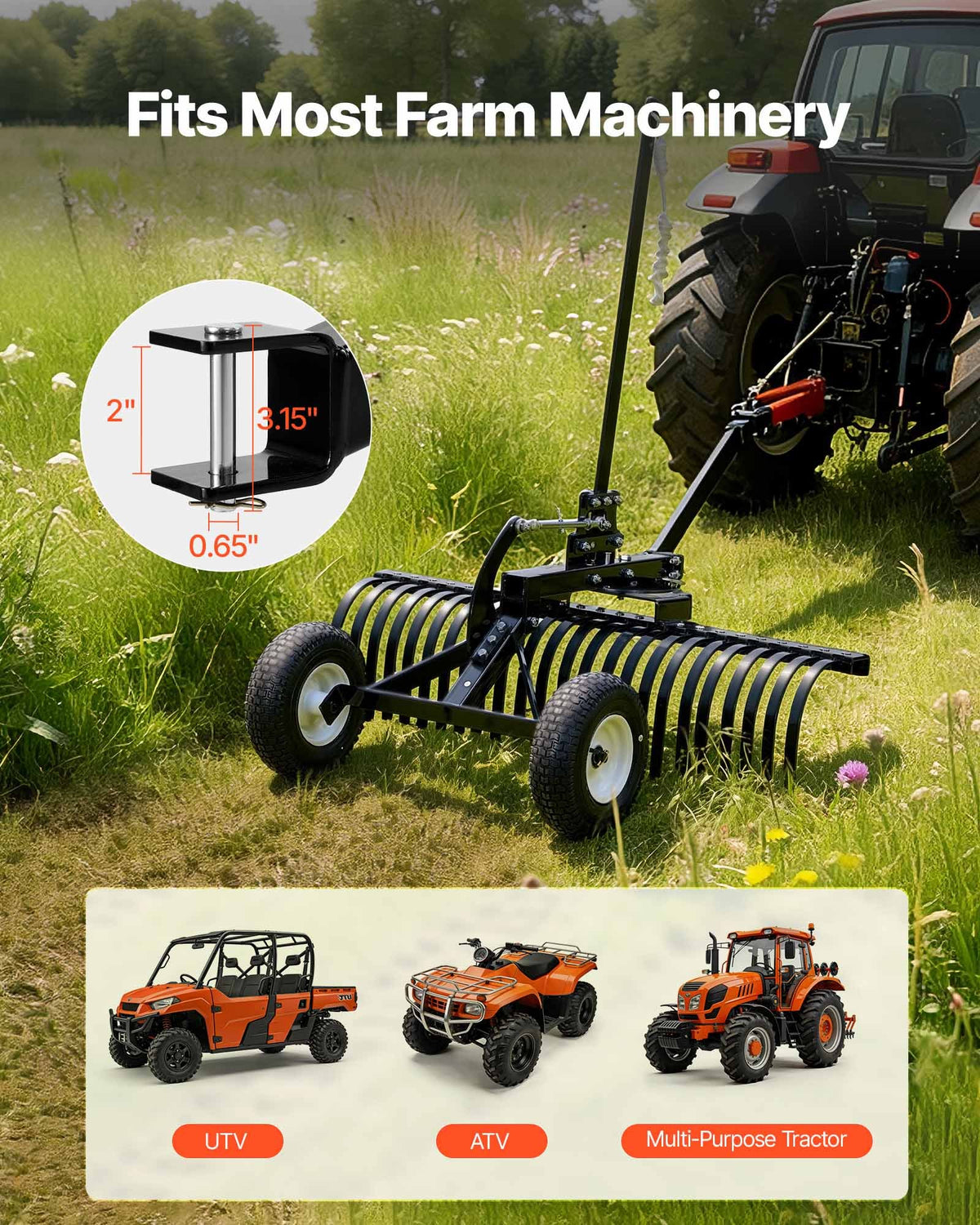 VEVOR 122 cm Tow Behind Landscape Rake, Pull Behind Lawn Rock Rakes for ATV Mower Tractors, 24 Durable Steel Tines, Adjustable Height & Angle, Heavy Duty Dethatcher Rake for Leaves Debris