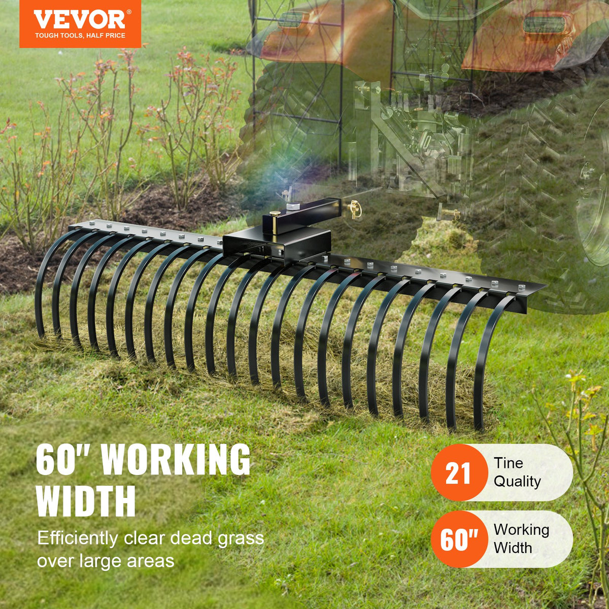 VEVOR Tow Behind Landscape Rake, 60" Tow Dethatcher with 21 Steel Coil Tines, Lawn Dethatcher Rake Attaches to 48" or 60" Toolbars and 3-point Suspension Systems, for Leaves, Pine Needles, and Grass