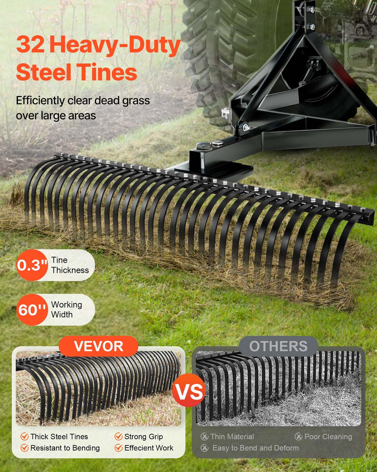 VEVOR Tow Behind Dethatcher, 1525mm Tow Dethatcher with 32 Steel Tines, 3-Point Lawn Dethatcher Rake with Attachments for Tractor, Landscape Rake for Garden, Farm, Grass