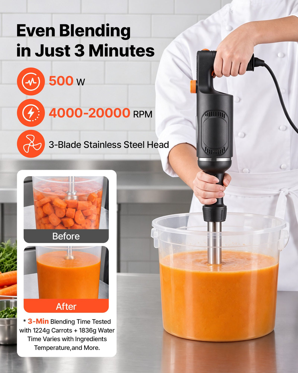 VEVOR Commercial Immersion Blender, 500W, 30 cm, Heavy-Duty Hand Mixer for Restaurant, Handheld Stick for Soups & Sauces, Pure-Copper Motor, Variable Speed, Stainless Steel 3-Blade Head, Lock