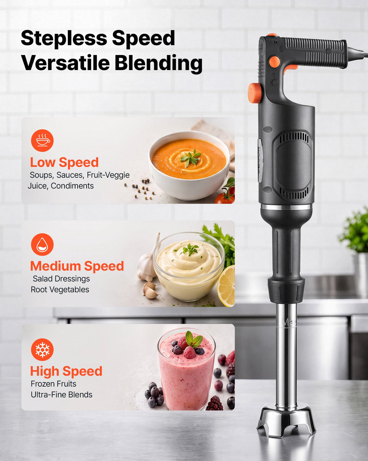 VEVOR Commercial Immersion Blender, 500W, 30 cm, Heavy-Duty Hand Mixer for Restaurant, Handheld Stick for Soups & Sauces, Pure-Copper Motor, Variable Speed, Stainless Steel 3-Blade Head, Lock