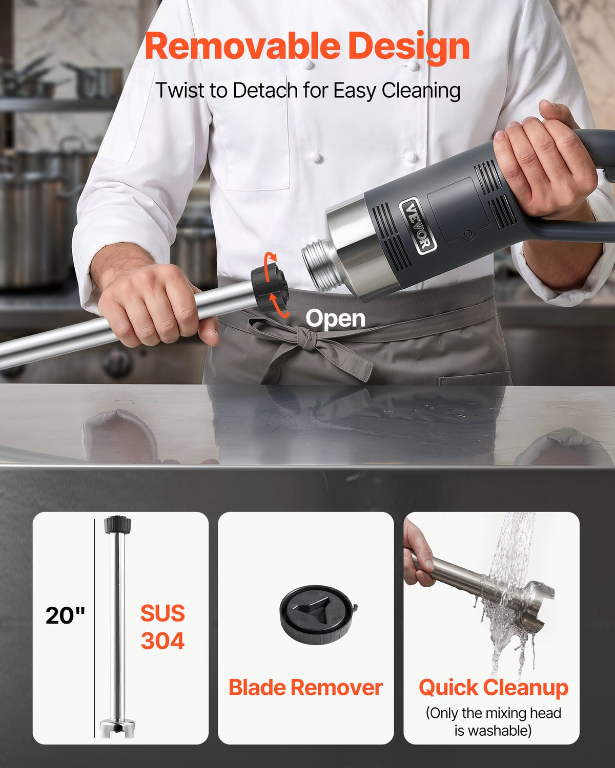 VEVOR Commercial Immersion Blender, 750 Watt Heavy Duty Hand Mixer, Variable Speed Kitchen Stick Mixer with 304 Stainless Steel Blade, Multi-Purpose Portable Mixer for Soup, Smoothie, Puree, Baby Food