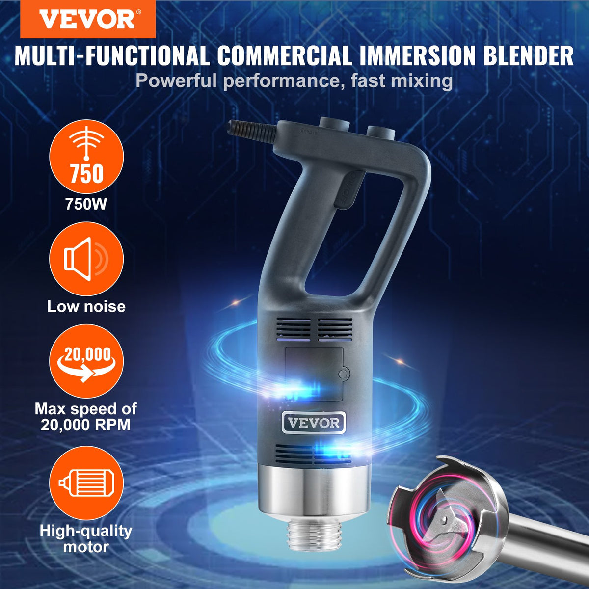 VEVOR Commercial Immersion Blender, 750 Watt Heavy Duty Hand Mixer, Variable Speed Kitchen Stick Mixer with 304 Stainless Steel Blade, Multi-Purpose Portable Mixer for Soup, Smoothie, Puree, Baby Food