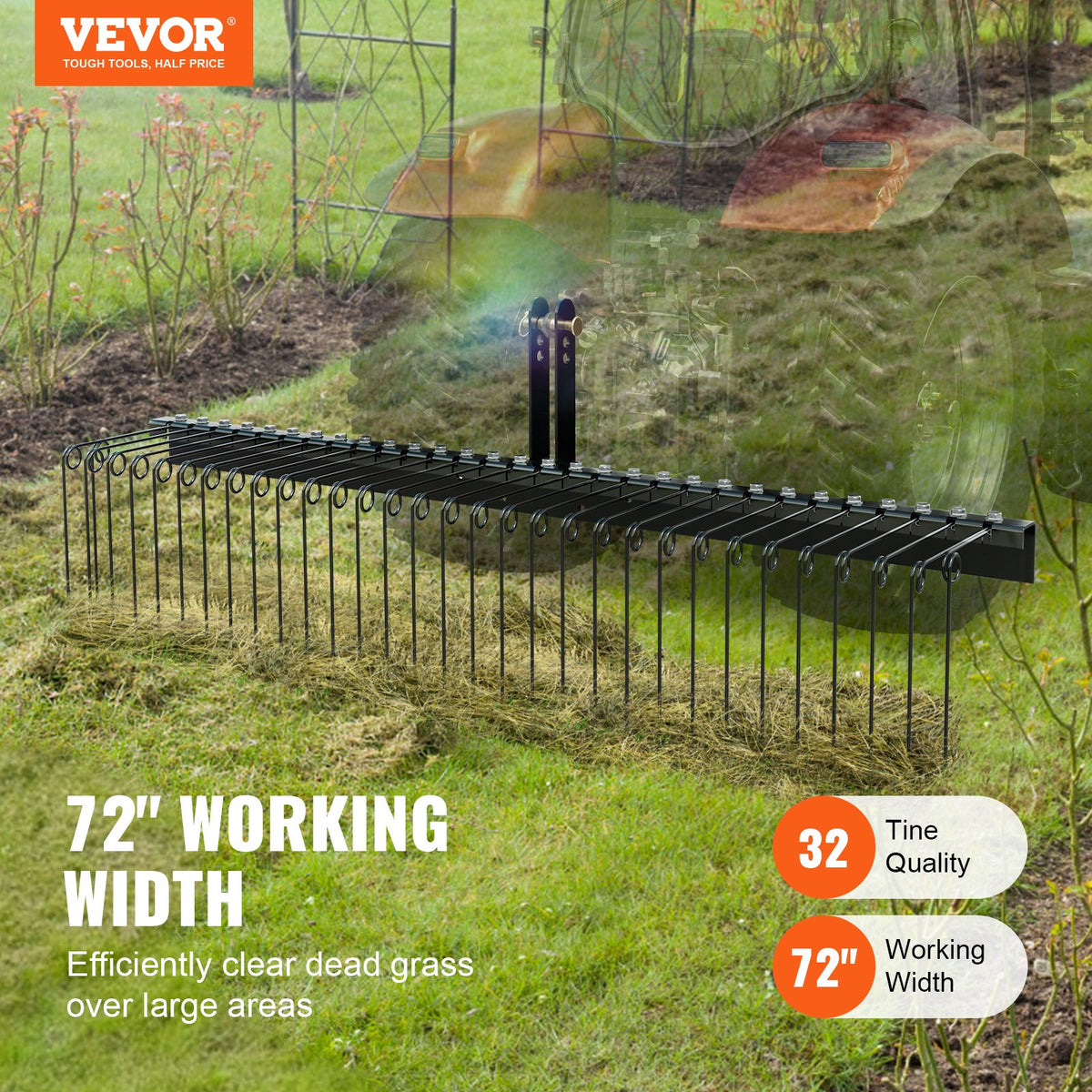 VEVOR Tow Behind Landscape Rake 72"/183 cm Lawn Dethatcher Rake with 32 Steel Tines