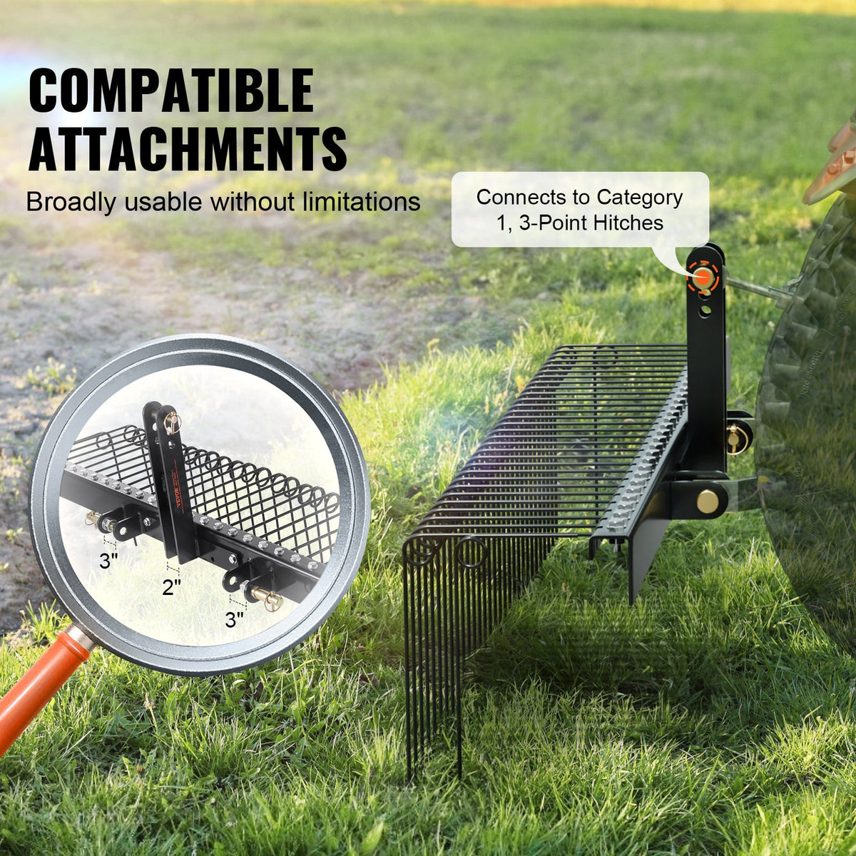 VEVOR Tow Behind Landscape Rake 72"/183 cm Lawn Dethatcher Rake with 32 Steel Tines