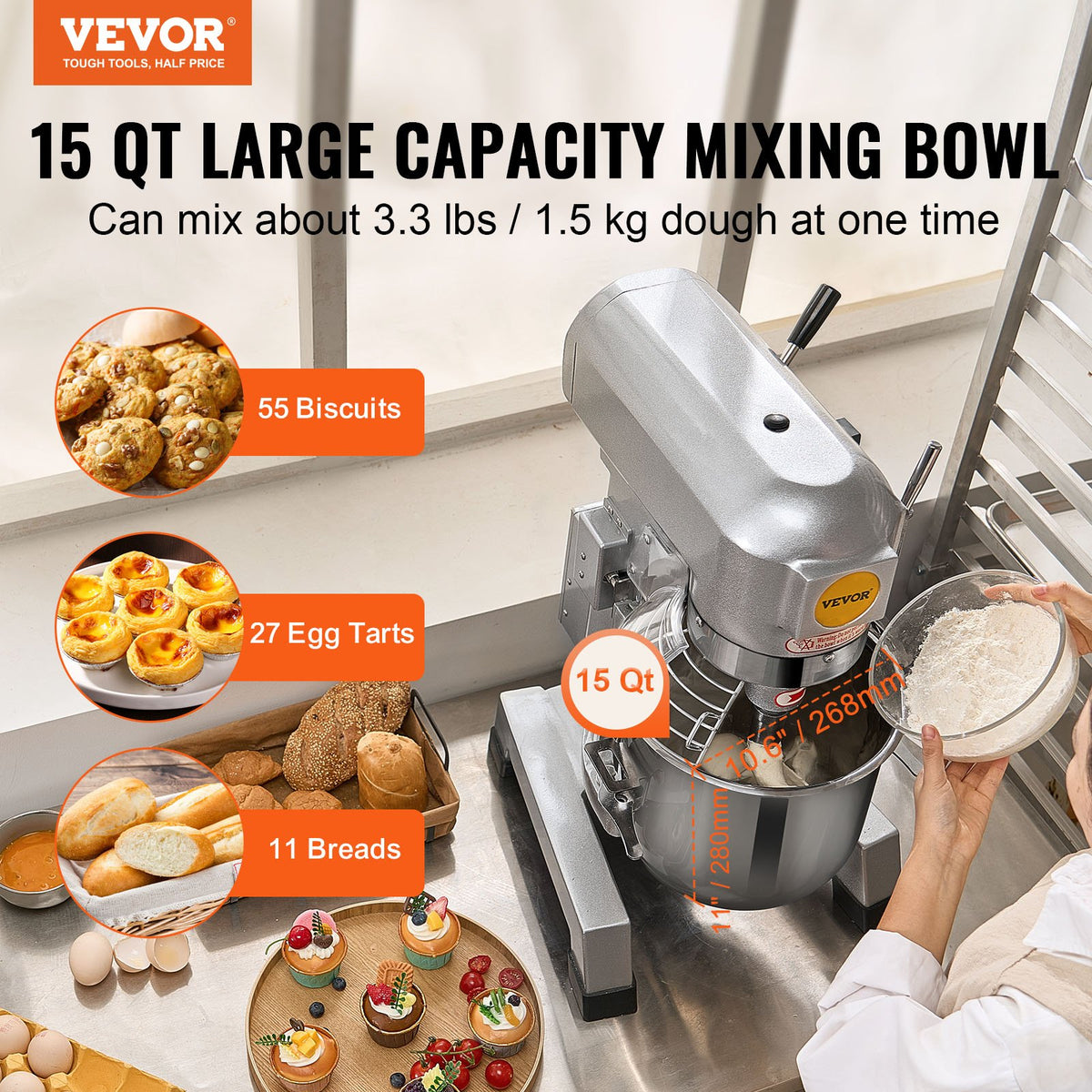 VEVOR Commercial Food Mixer, 14L Commercial Stand Mixer with 3 Adjustable Speeds, 550W Dough Mixer with Stainless Steel Bowl and 3 Mixing Attachments, Ideal for Restaurant, Bakery, Pastry shop, Cafe