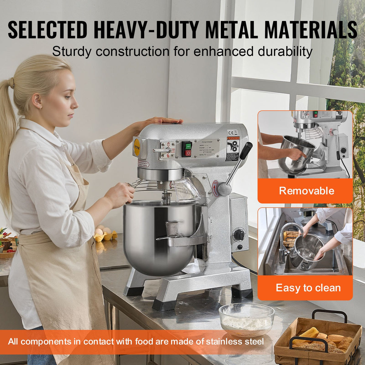 VEVOR Commercial Food Mixer, 18.7L Commercial Stand Mixer with 3 Adjustable Speeds, 1100W Dough Mixer with Stainless Steel Bowl and 3 Mixing Attachments, Ideal for Restaurant, Bakery, Pastry shop, Caf