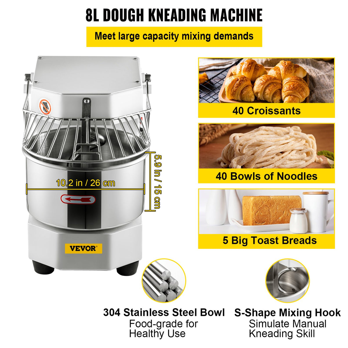 VEVOR Commercial Dough Food Mixer Spiral Dough Mixer w/ 8 L Stainless Steel Bowl