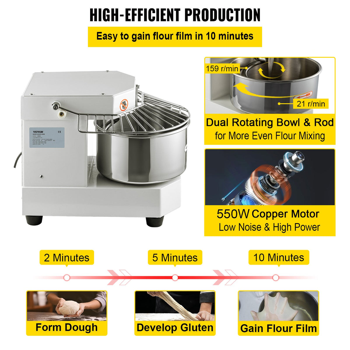 VEVOR Commercial Dough Food Mixer Spiral Dough Mixer w/ 8 L Stainless Steel Bowl