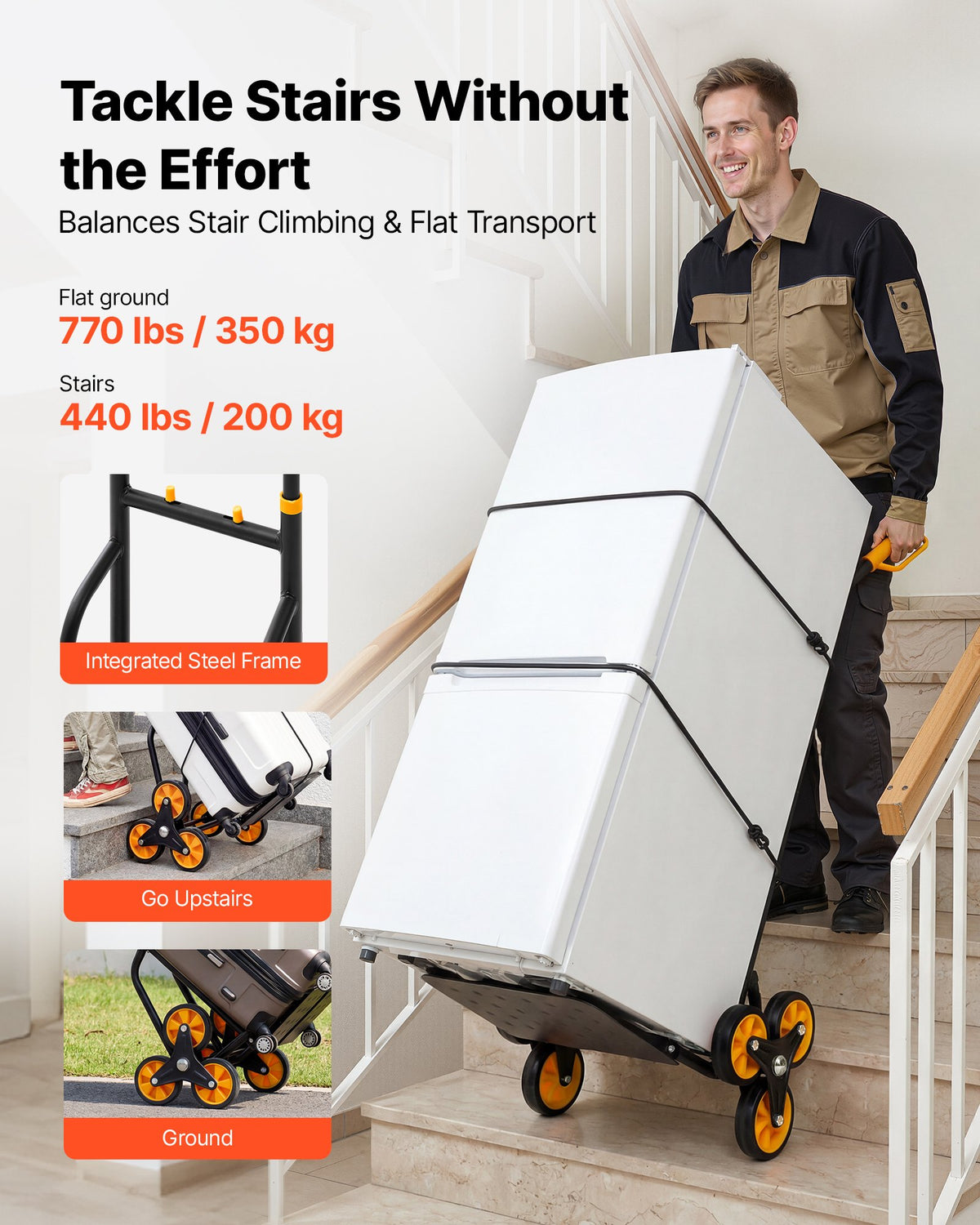 VEVOR Stair Climbing Cart, 200 kg Stair-Climbing Capacity, Heavy-Duty Folding Trolley Cart with Telescoping Handle, 6 Wheels and 2 Bungee Cords, Stair Climber Dolly for Home, Groceries, Warehouse