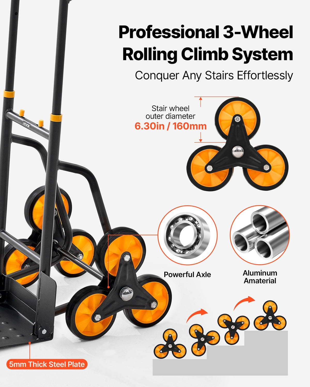 VEVOR Stair Climbing Cart, 200 kg Stair-Climbing Capacity, Heavy-Duty Folding Trolley Cart with Telescoping Handle, 6 Wheels and 2 Bungee Cords, Stair Climber Dolly for Home, Groceries, Warehouse