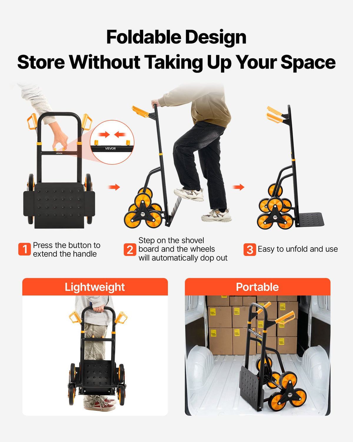 VEVOR Stair Climbing Cart, 200 kg Stair-Climbing Capacity, Heavy-Duty Folding Trolley Cart with Telescoping Handle, 6 Wheels and 2 Bungee Cords, Stair Climber Dolly for Home, Groceries, Warehouse