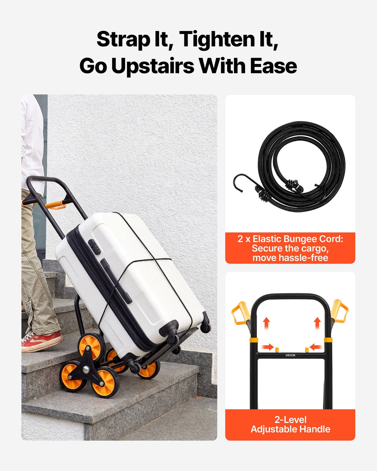 VEVOR Stair Climbing Cart, 200 kg Stair-Climbing Capacity, Heavy-Duty Folding Trolley Cart with Telescoping Handle, 6 Wheels and 2 Bungee Cords, Stair Climber Dolly for Home, Groceries, Warehouse