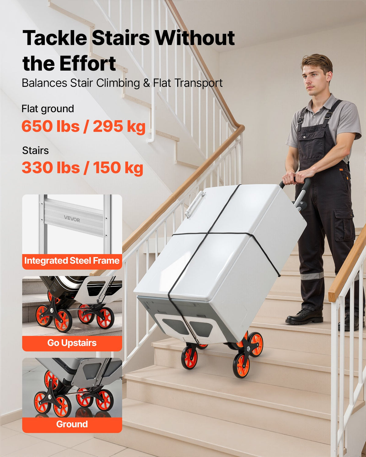 VEVOR Stair Climbing Cart, 150 kg Stair-Climb Capacity, Aluminum Alloy Folding Trolley Cart with Telescoping Handle, 6 Wheels and 2 Bungee Cords, Stair Climber Dolly for Home, Groceries, Warehouse