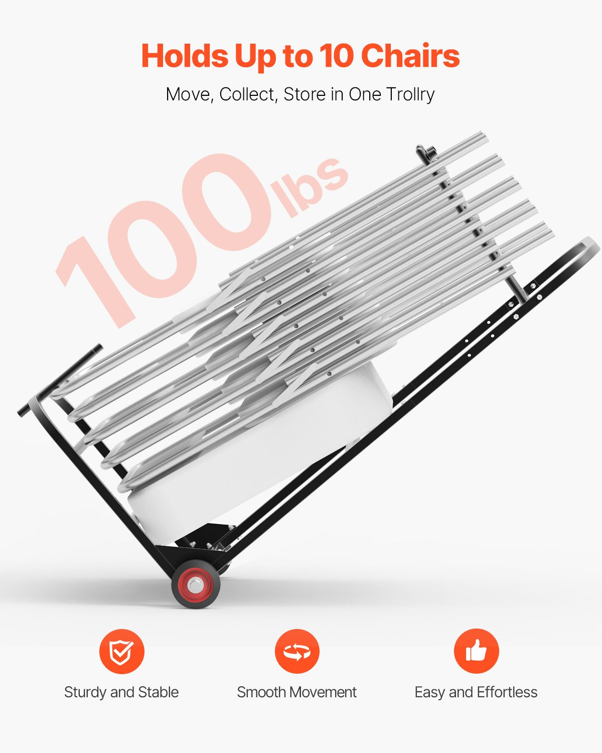 VEVOR Folding Chair Rack, 100 LBS Capacity, Heavy-duty Chair Cart for Hanging 10 Chairs, Multi-Function Metal Chair Storage Dolly with Rubber Wheels, Push-Style Chair Holder, Matte Black